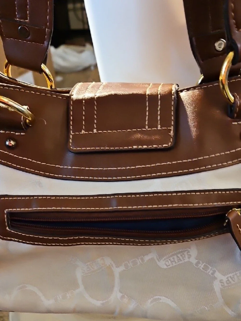 Chaps Brown and Cream Top Handle Purse with Gold-Tone Hardware Z3